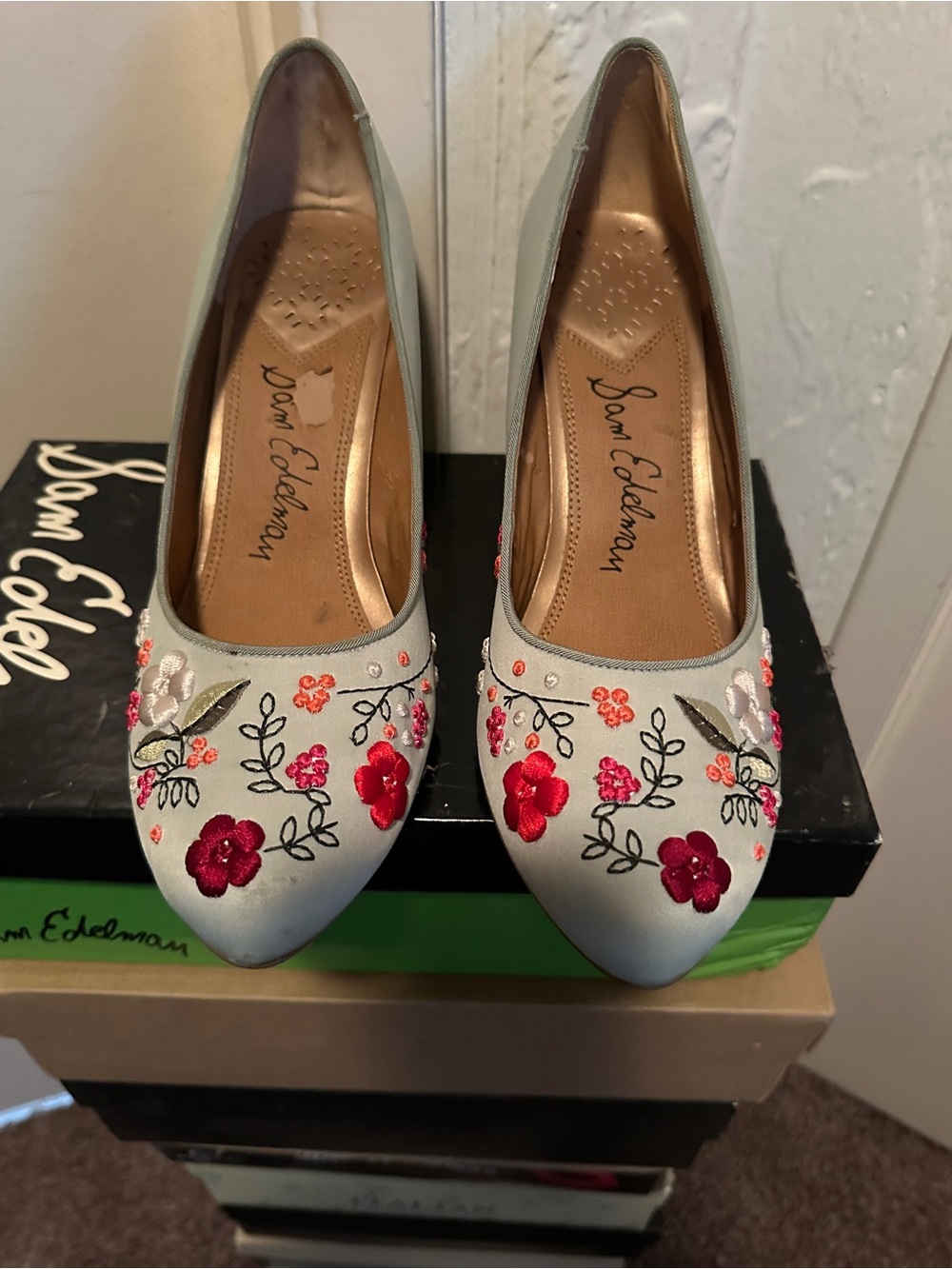 Sam Edelman Women's Mint Green Heels With Floral Accents - Size 10 - Picture 2 of 7